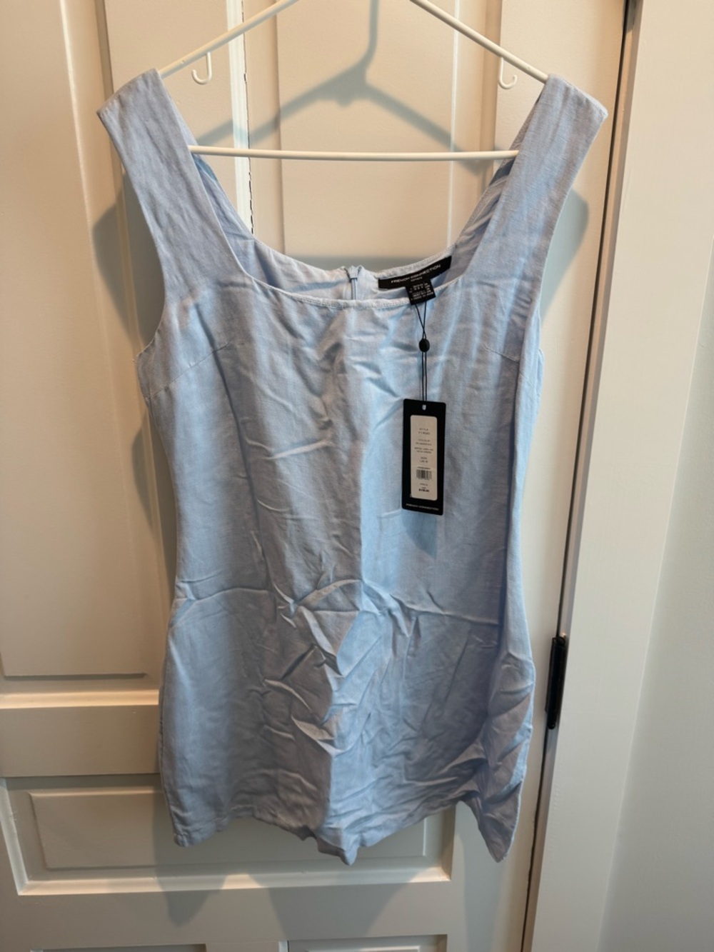 French Connection Light Blue Square Neck Linen-Blend Dress
